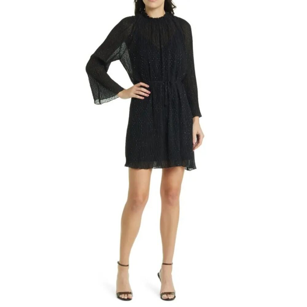 New French Connection Blackout Callie Embellished Plissé Longsleeve Dress Size6